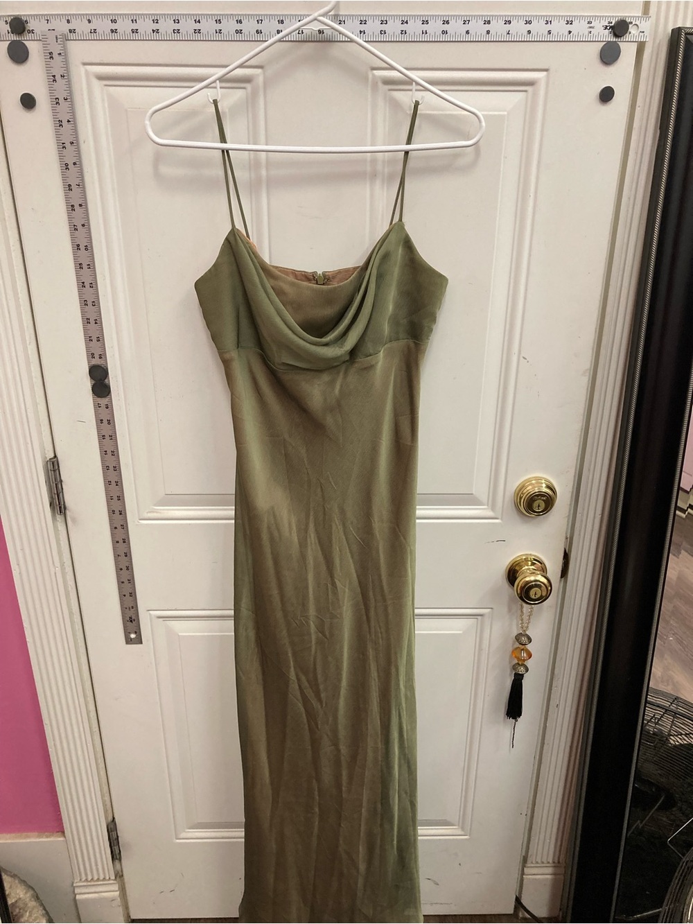 Vintage Chelsea Nites, Olive Green, Iridescent, Cowl Neck Slip Dress with scarf